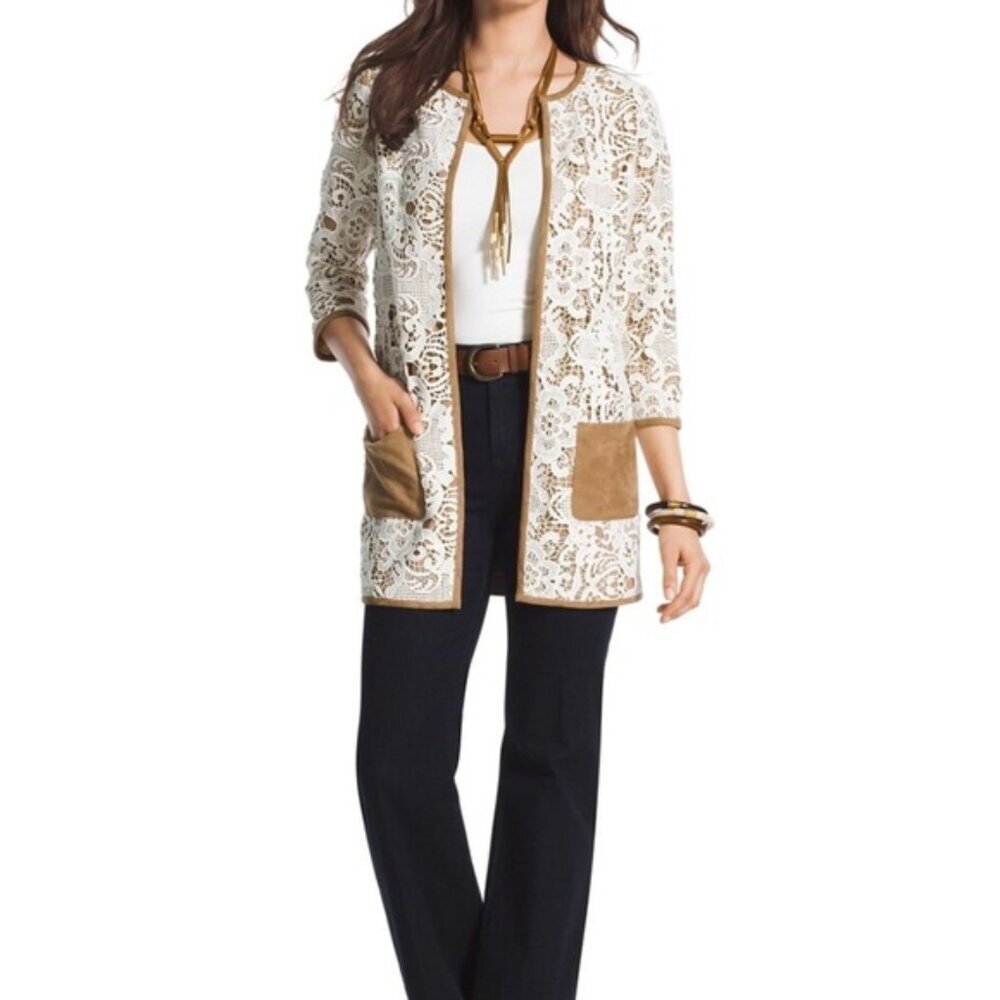 Chico's Chore Jacket Women's 2 (L/12 US) Tan Cream Crocheted Lace Faux Suede
